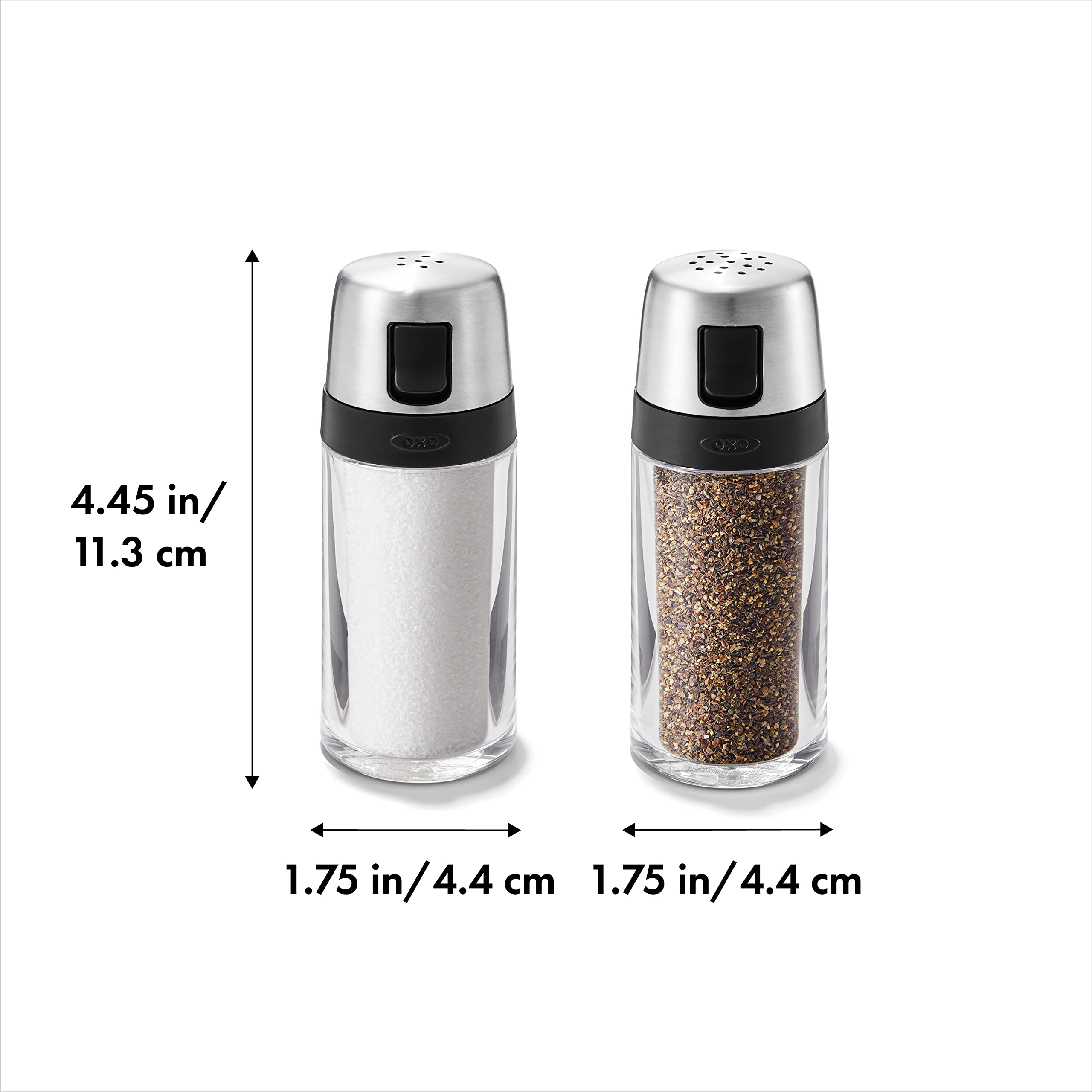OXO salt and pepper shakers side spout pour view highlighting cooking convenience