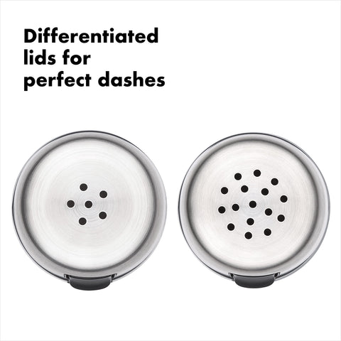 OXO salt and pepper shakers with stainless steel accents on display