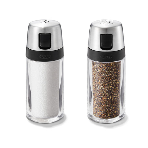 OXO salt and pepper shakers top-pattern close-up for precise dashes