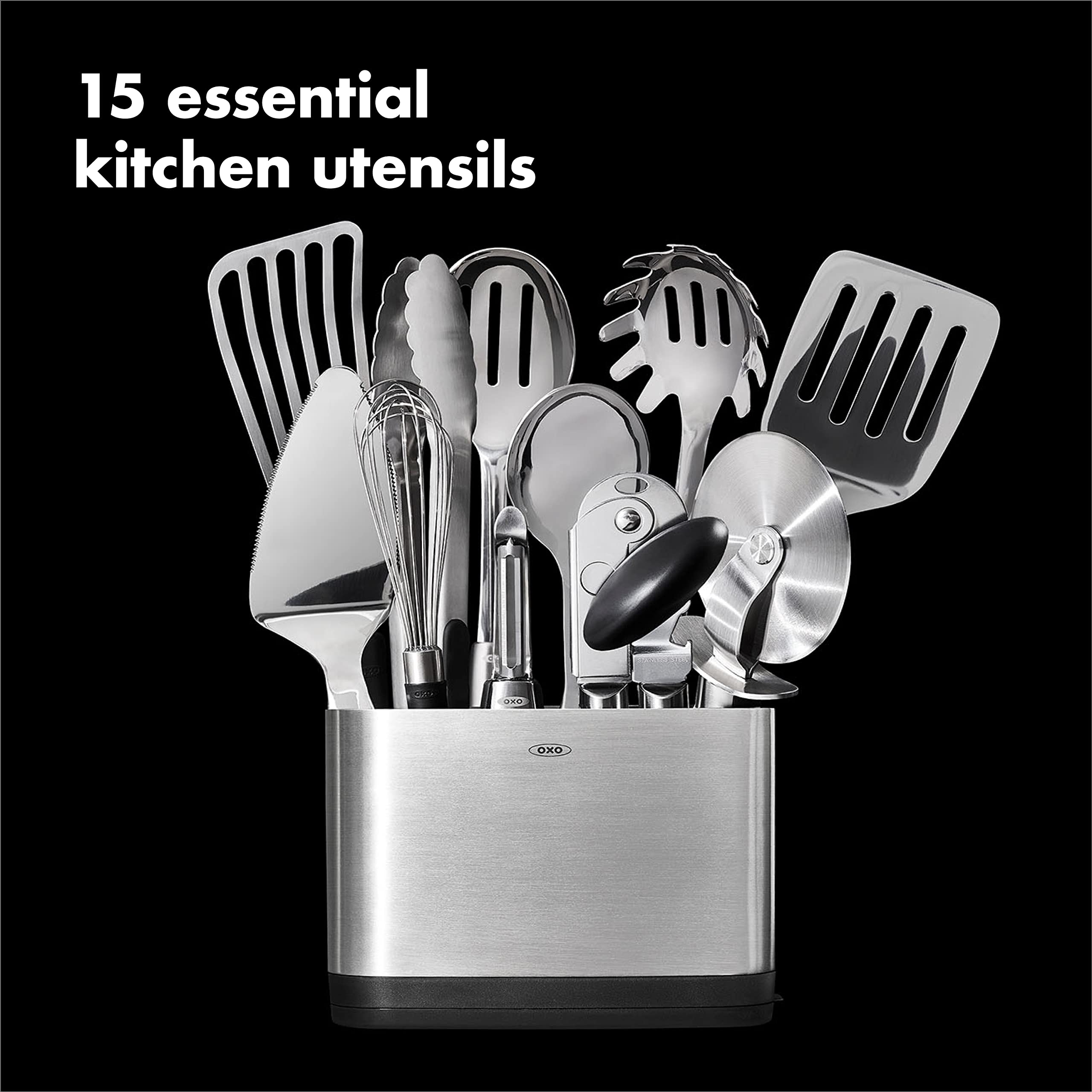 OXO Steel 15-piece utensil set 12-inch locking tongs secure grip during cooking