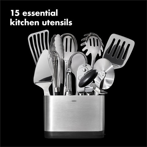 OXO Steel 15-piece utensil set 12-inch locking tongs secure grip during cooking
