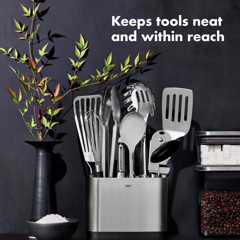 OXO Steel 15-piece utensil set fish turner ideal for delicate flips and clean presentation