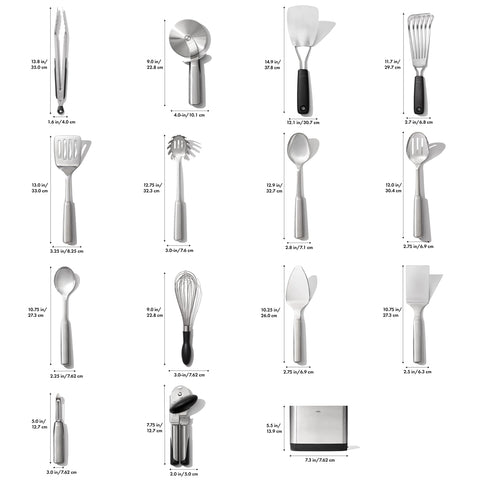 OXO Steel 15-piece utensil set slotted spoon for draining pasta with ease
