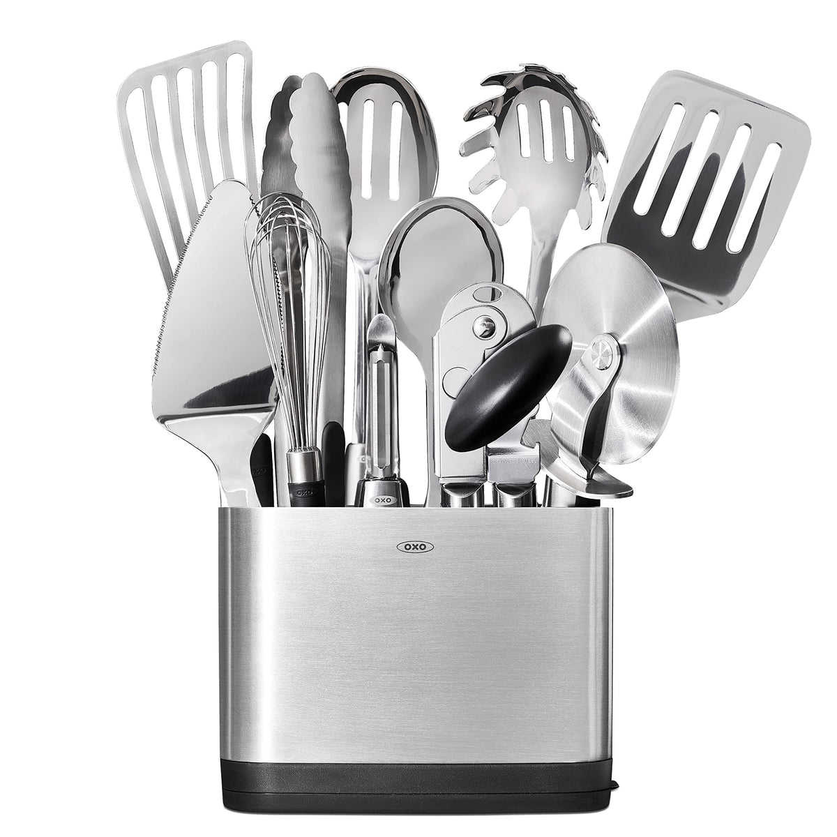OXO Steel 15-piece utensil set spoon for precise stirring and serving with a comfortable non-slip grip