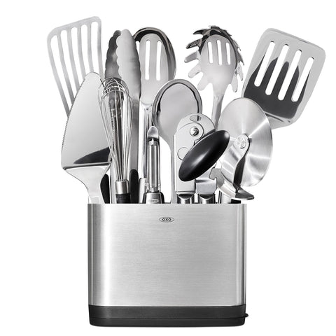 OXO Steel 15-piece utensil set spoon for precise stirring and serving with a comfortable non-slip grip