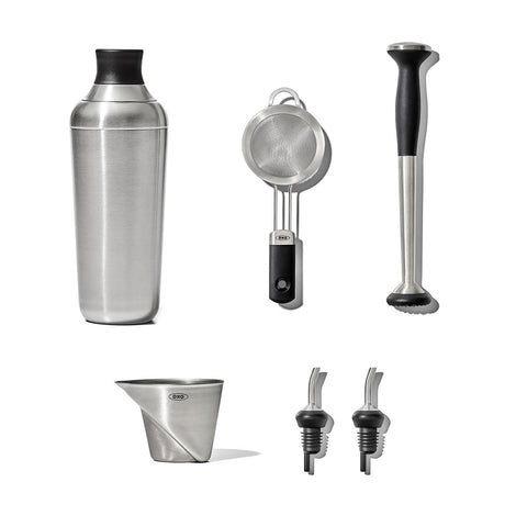 OXO Steel six-piece barware set with leak-free shaker for smooth pours