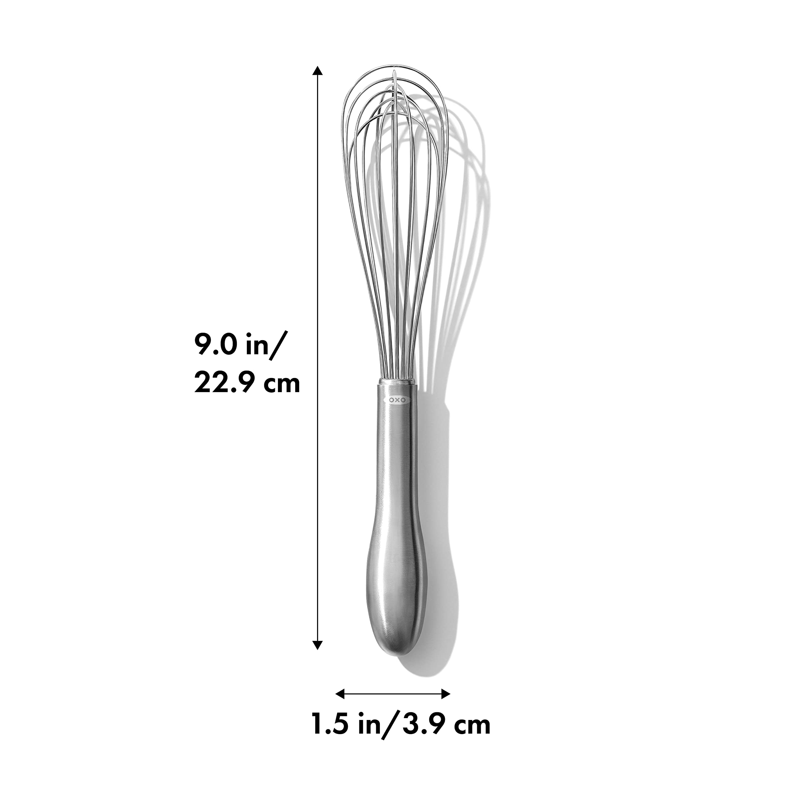 OXO SteeL 9-Inch Whisk shown as dishwasher safe for easy cleanup