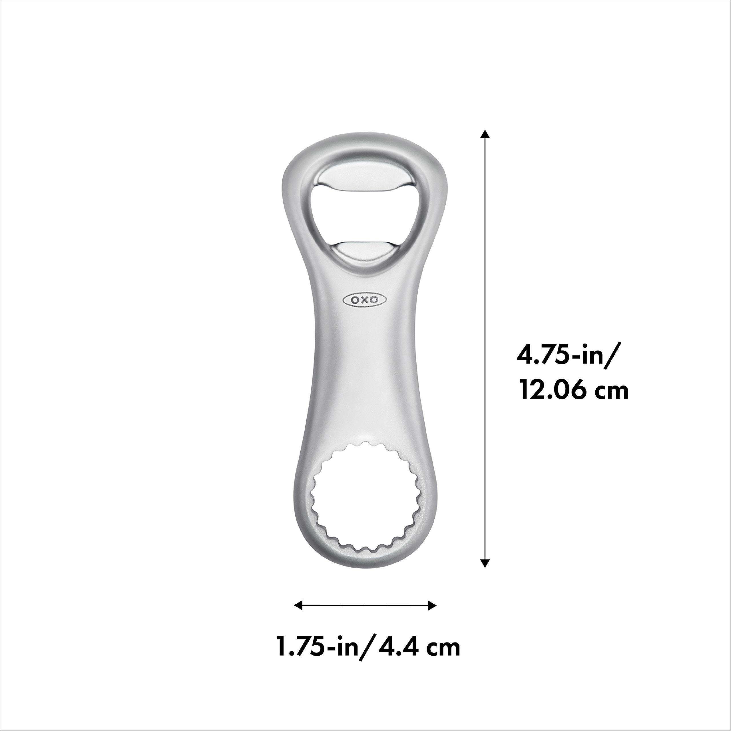 OXO Steel Bottle Opener in use shows double-sided versatility for caps and twist-tops.