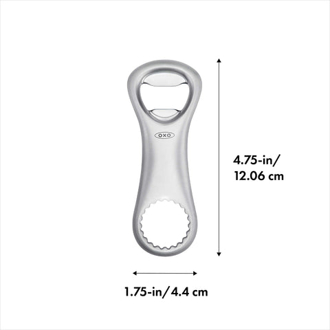 OXO Steel Bottle Opener in use shows double-sided versatility for caps and twist-tops.