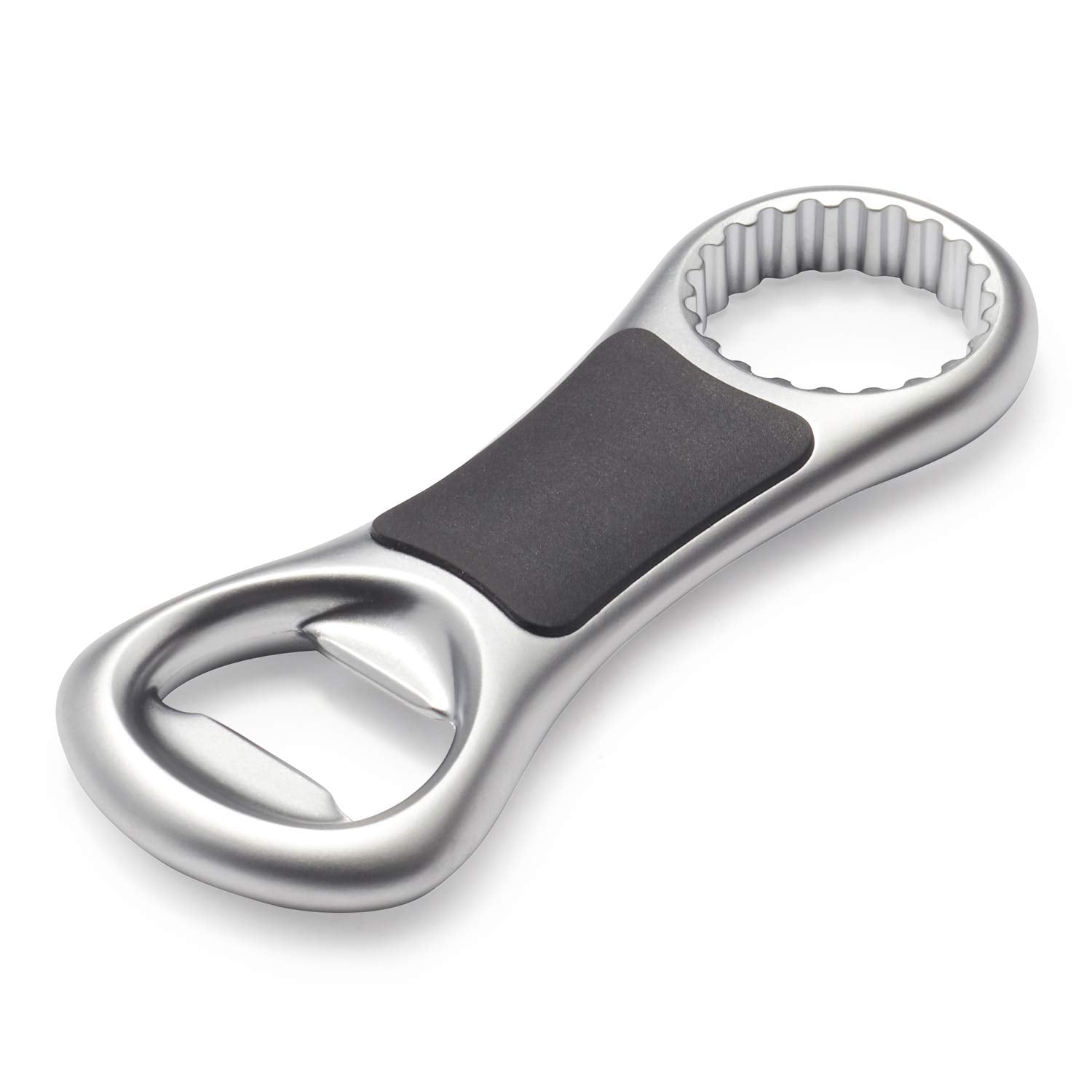 OXO Steel Bottle Opener side-handle demonstrates soft non-slip grip for comfortable opening.