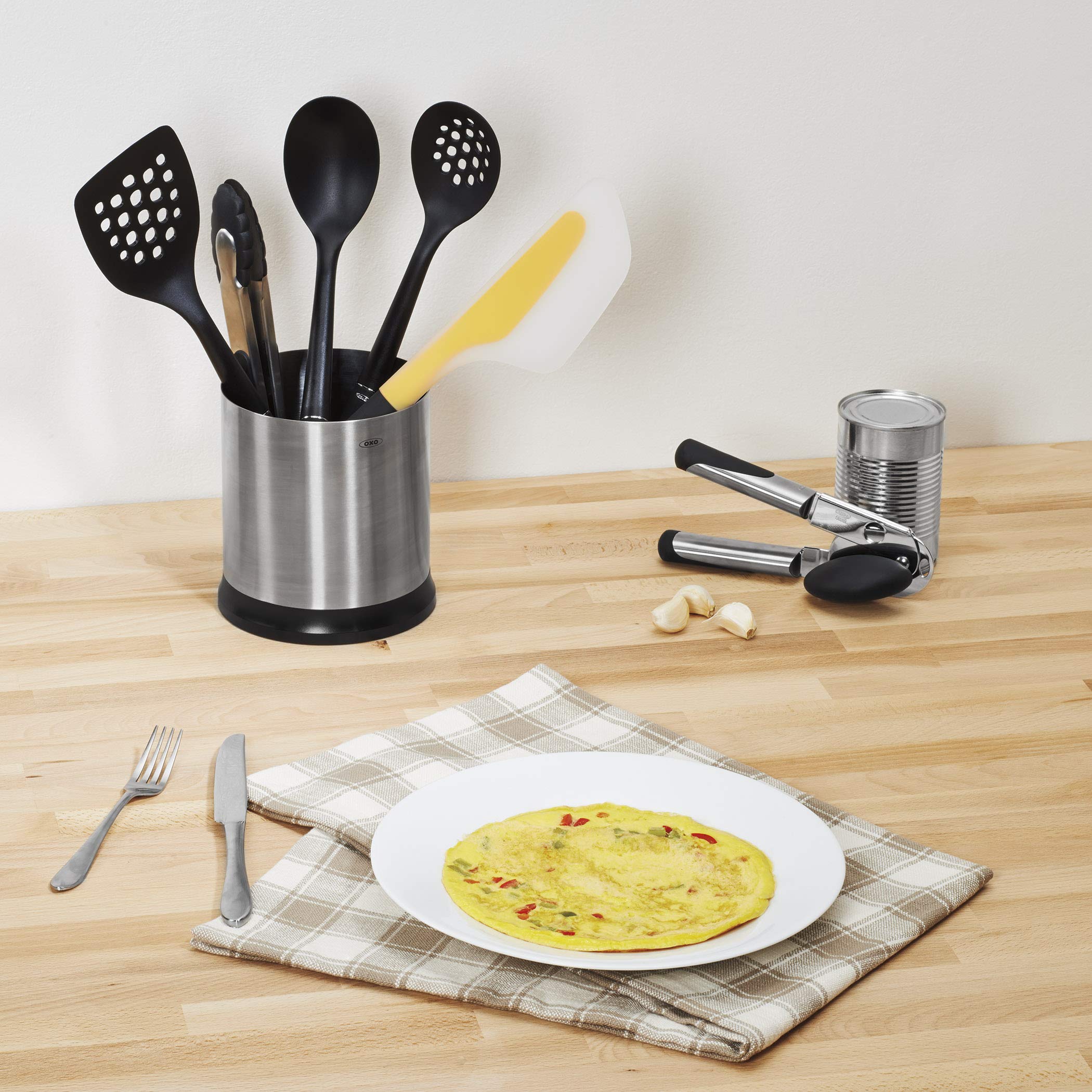 OXO SteeL Can Opener showing oversized knob for effortless turning