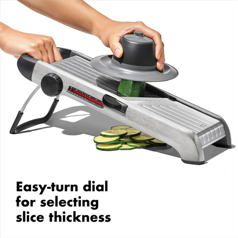 OXO SteeL Mandoline 2.0 large food holder keeps fingers safe.
