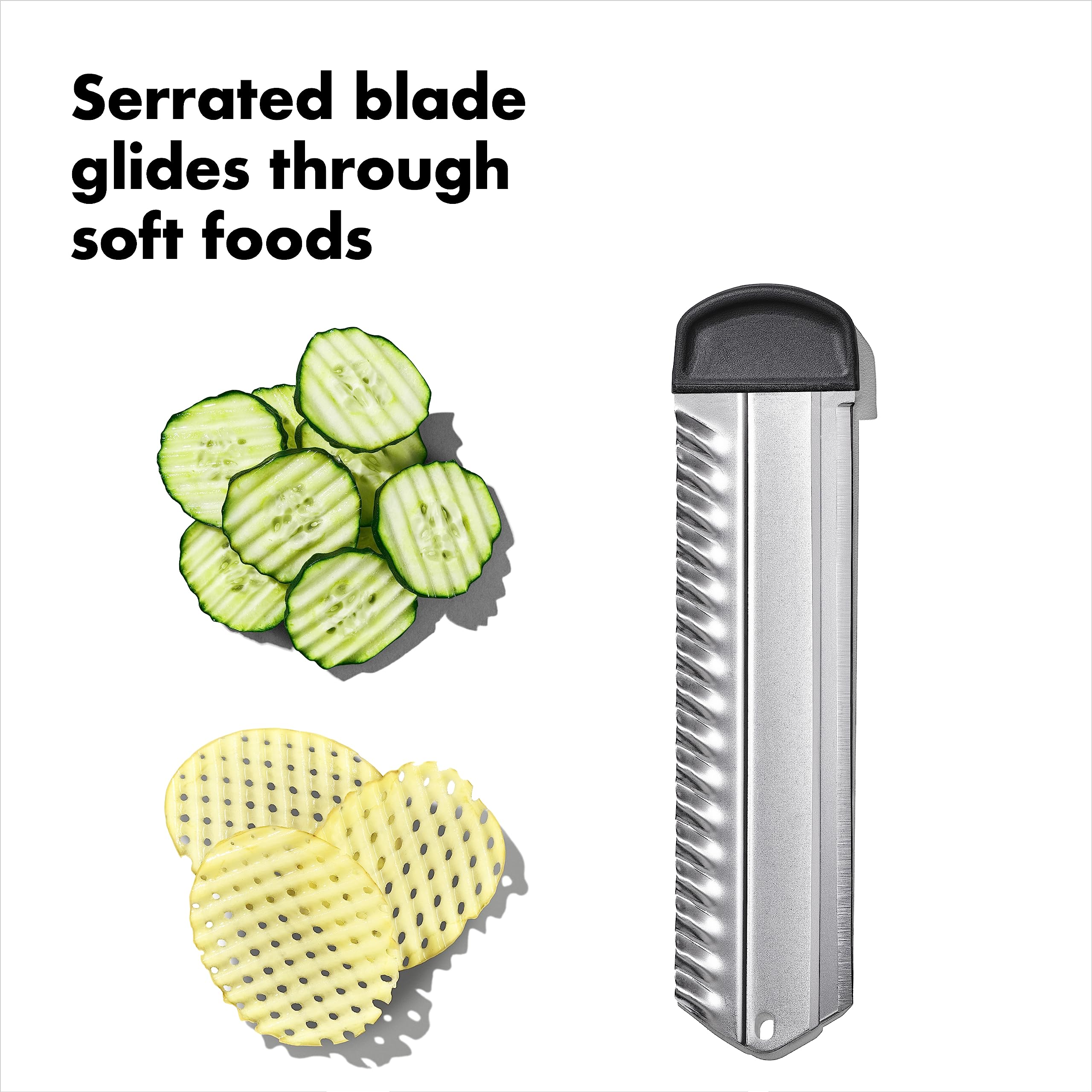 OXO SteeL Mandoline 2.0 wide non-slip feet stabilize on counters.