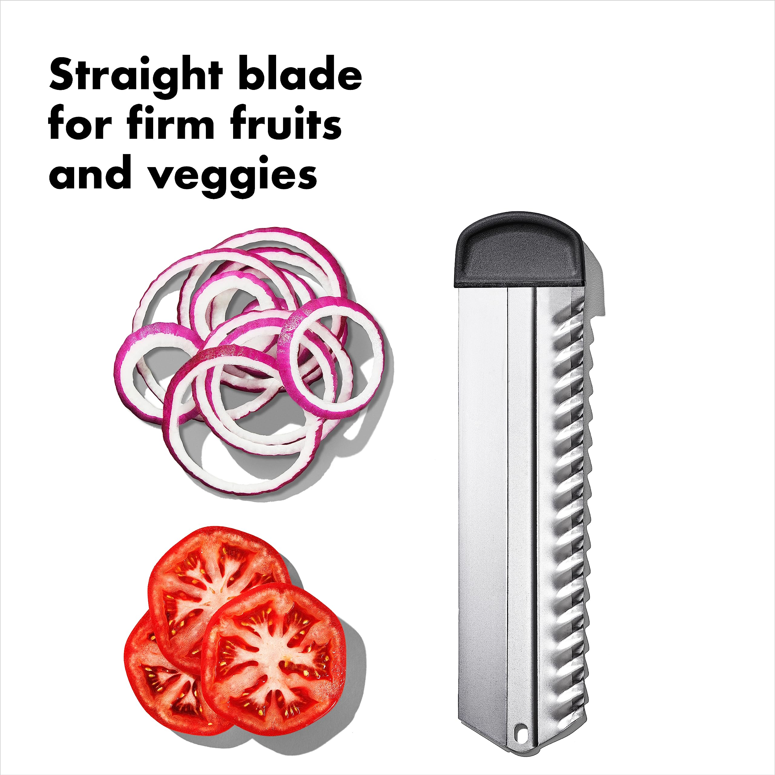 OXO SteeL Mandoline 2.0 soft grip handle for comfortable, controlled slicing.