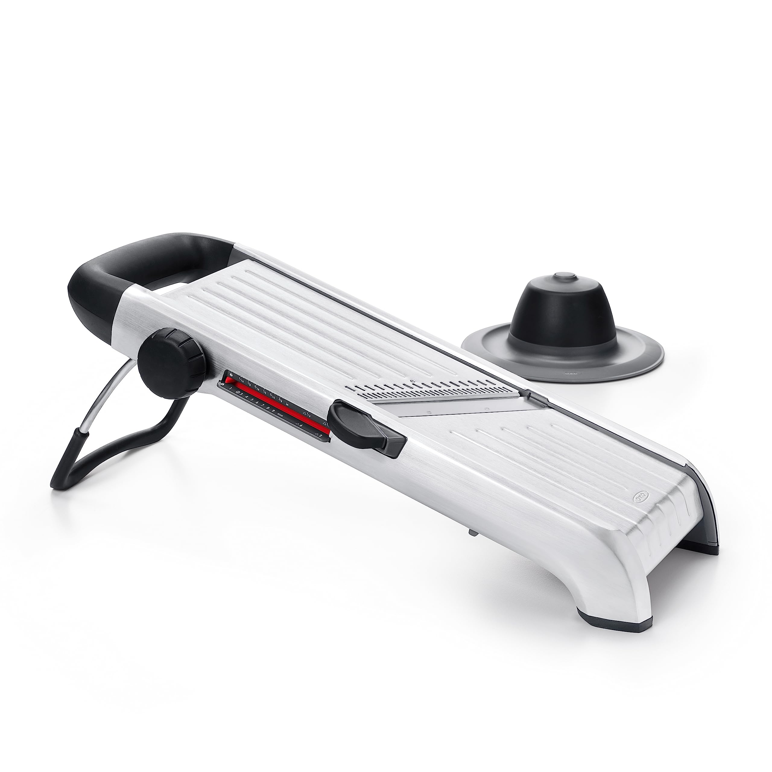 OXO SteeL Mandoline 2.0 top view shows stable base and compact storage.