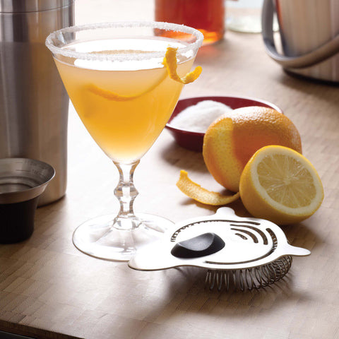 OXO SteeL Cocktail Strainer strains ice and fruit from drinks