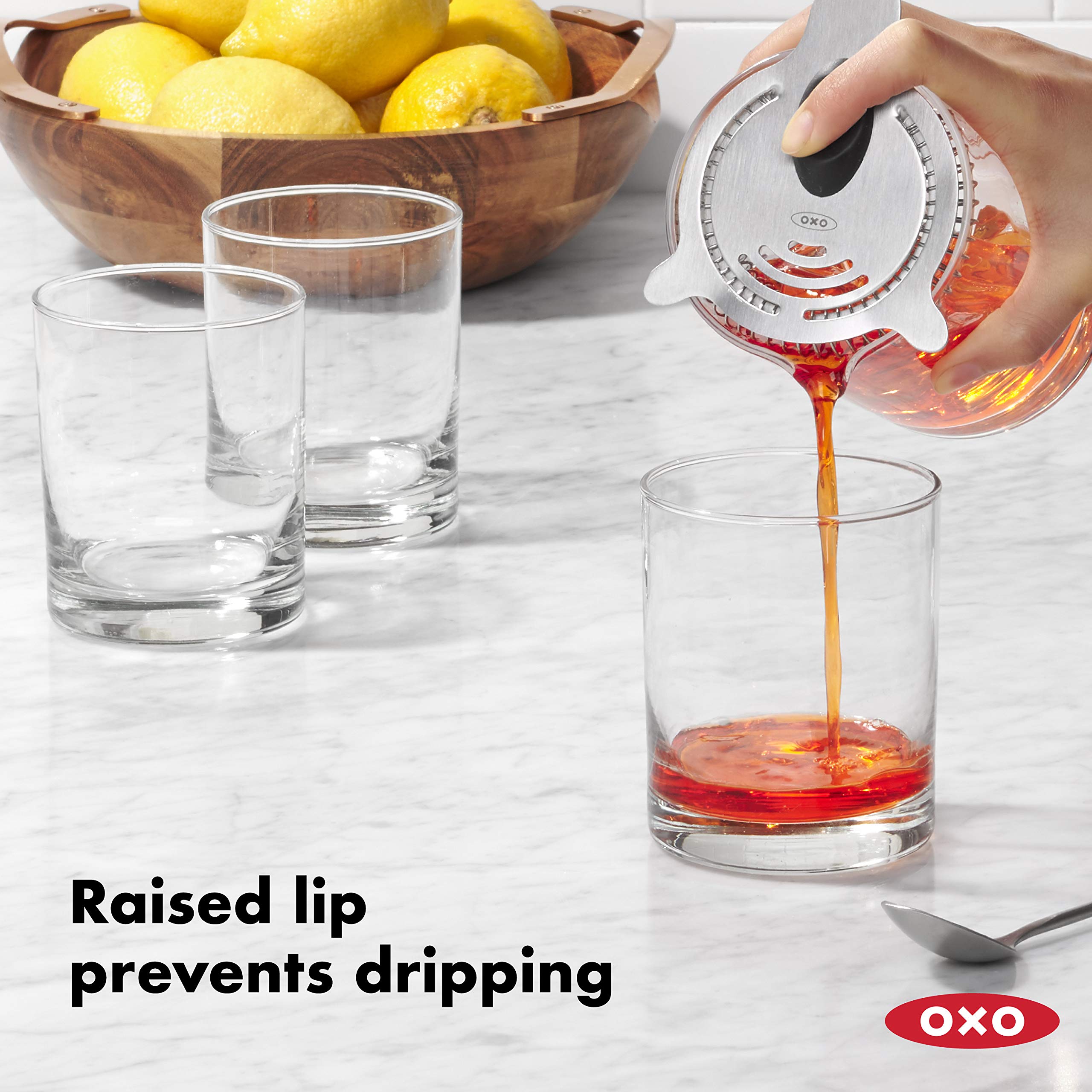 OXO SteeL Cocktail Strainer raised lip prevents drips on counters