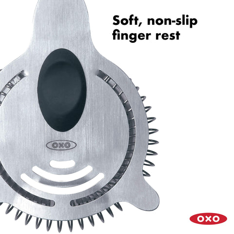 OXO SteeL Cocktail Strainer with soft finger rest for comfortable pouring