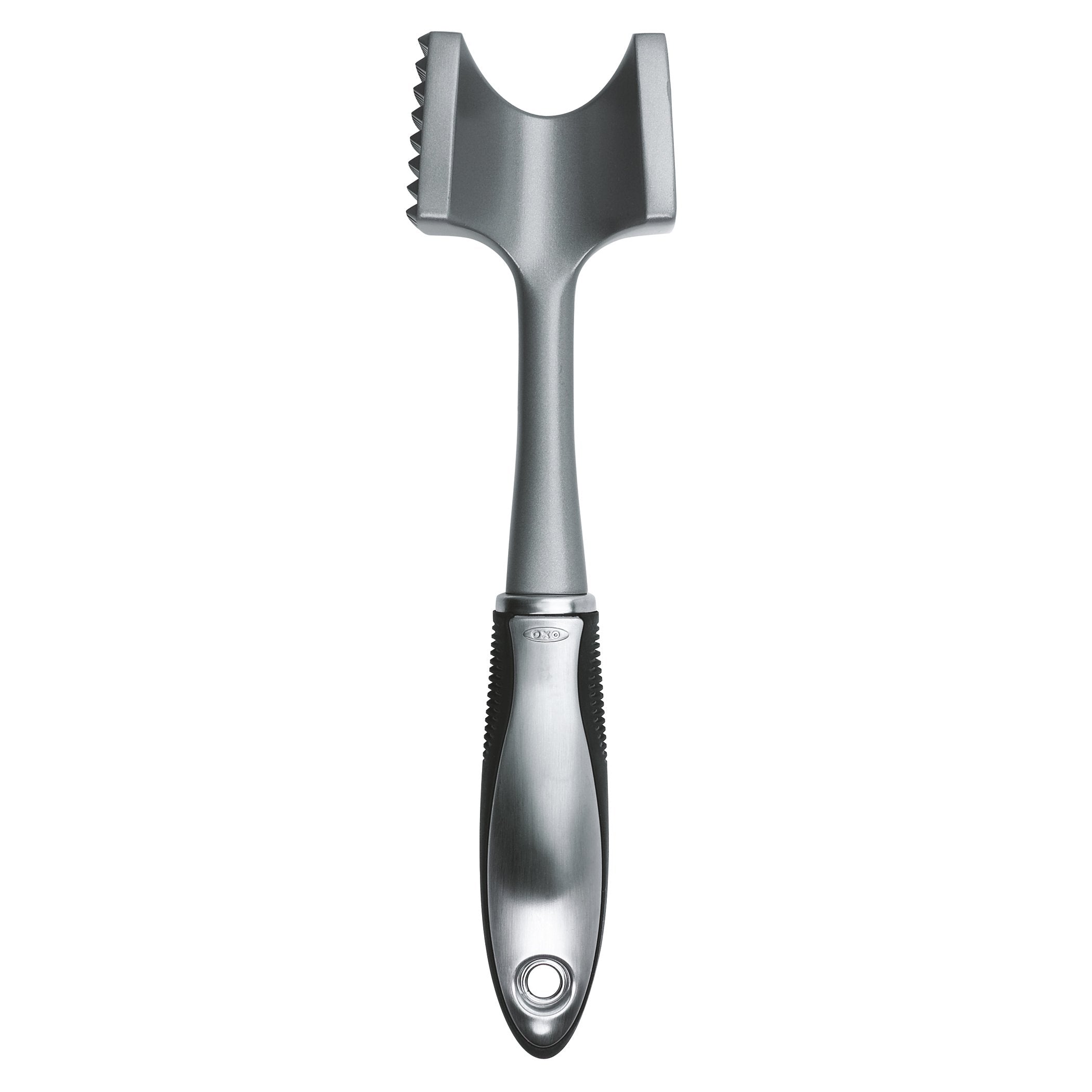 OXO SteeL meat tenderizer with a soft grip for controlled pounding.