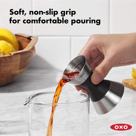 OXO SteeL Double Jigger dishwasher-safe design simplifies cleanup after service.