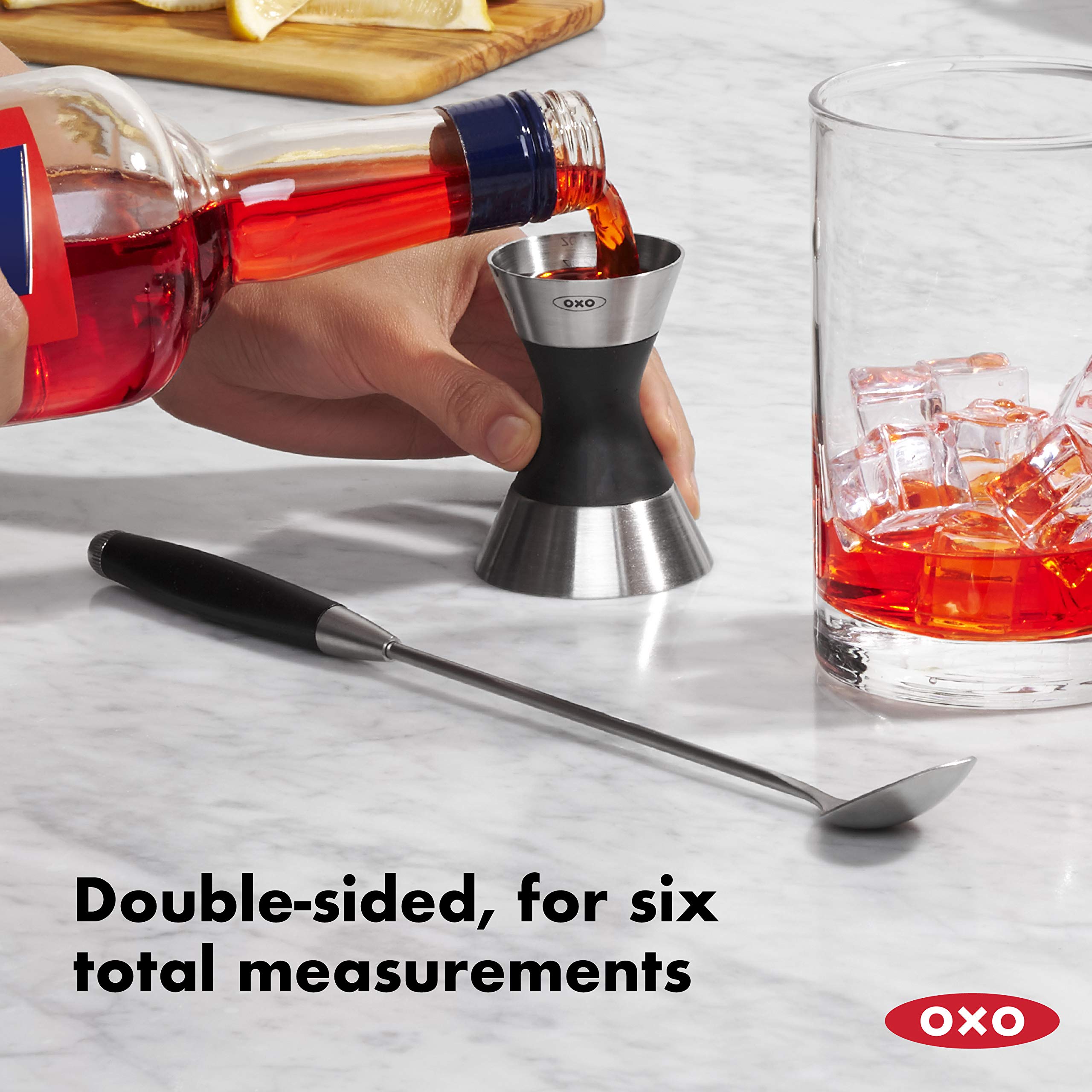 OXO SteeL Double Jigger other-side measures quarter- and half-ounce increments for accuracy.