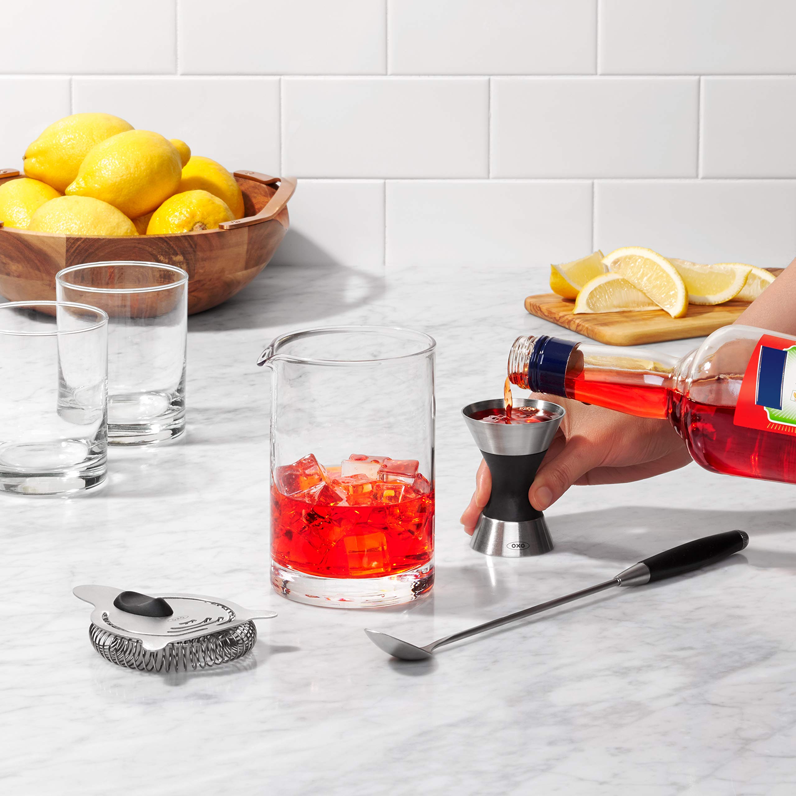 OXO SteeL Double Jigger provides precise measurements for consistent cocktails.