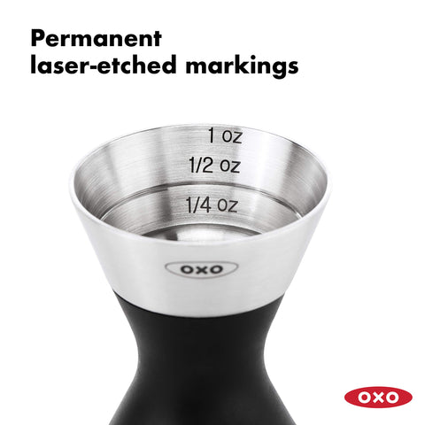 OXO SteeL Double Jigger soft non-slip grip for comfortable pouring during busy mixing.