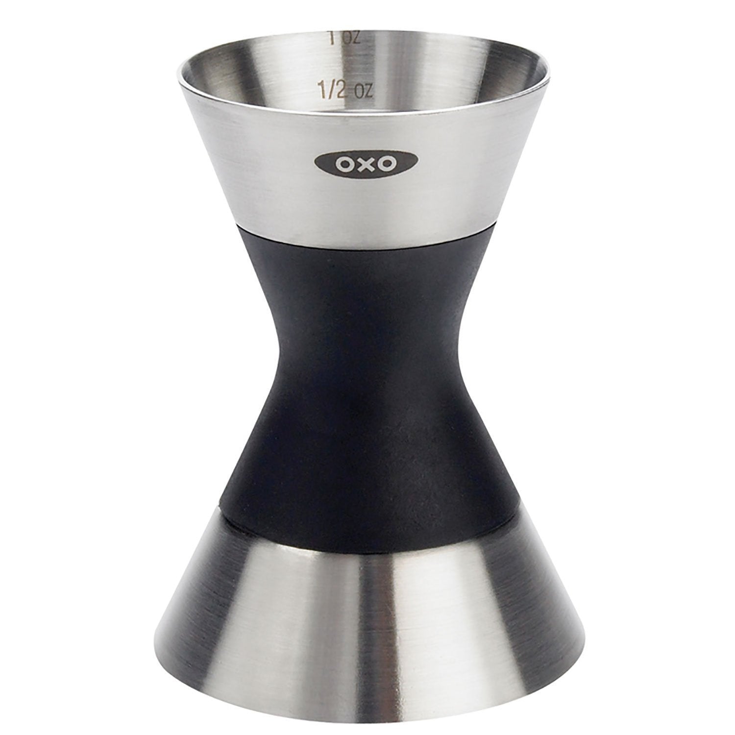 OXO SteeL Double Jigger top view highlights two-sided design for precise pours.