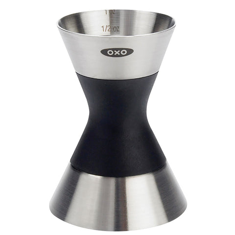 OXO SteeL Double Jigger top view highlights two-sided design for precise pours.