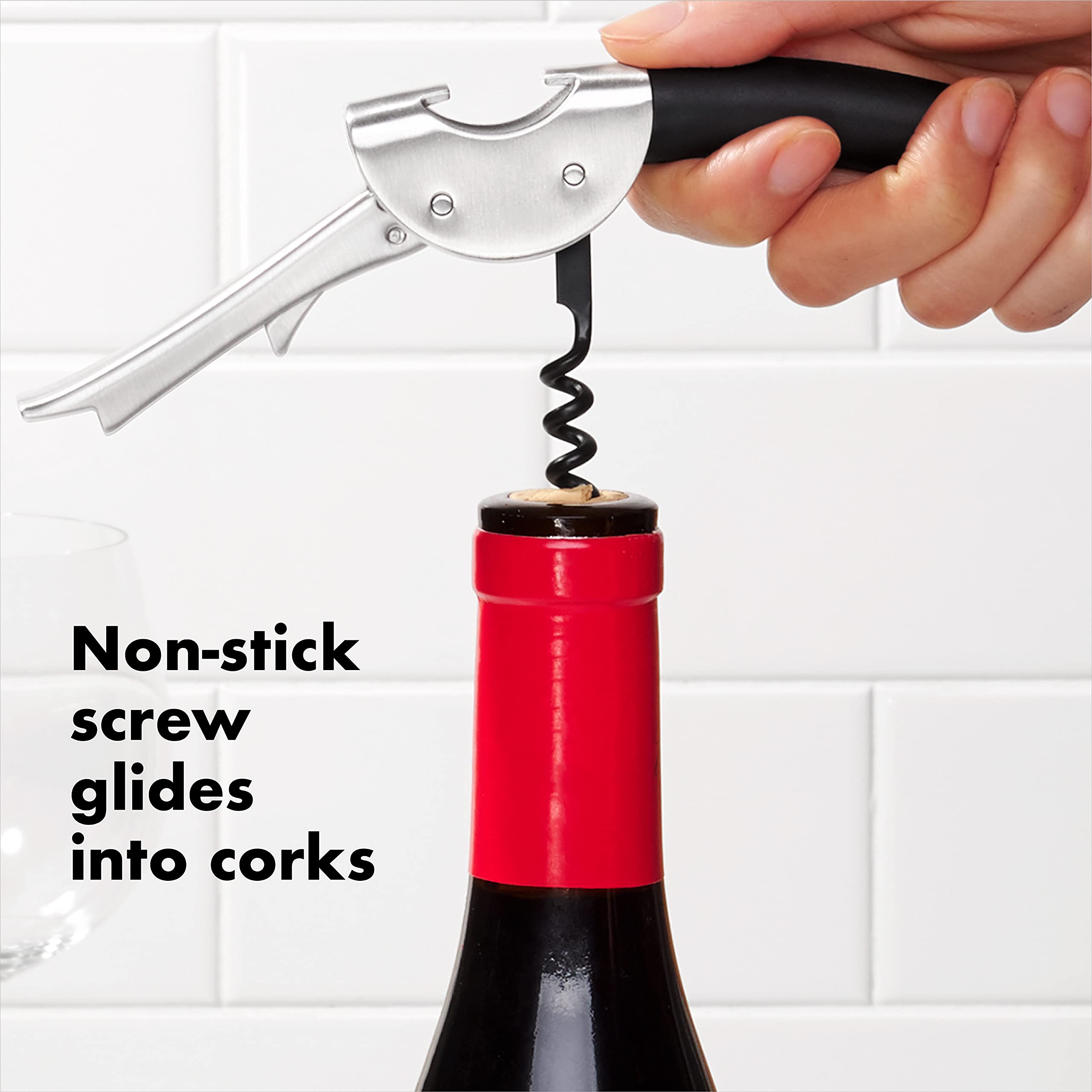 OXO Steel corkscrew reveals integrated bottle cutter beside the handle