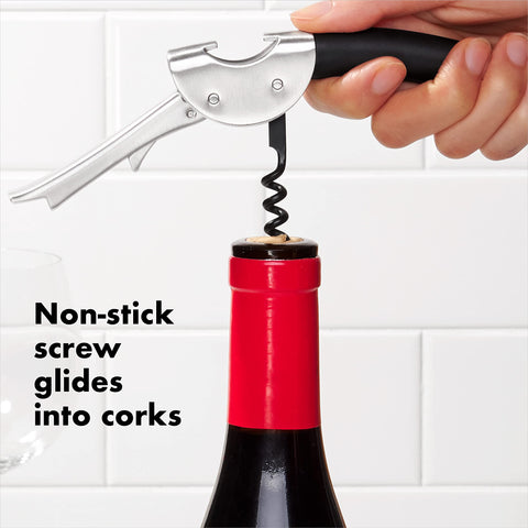 OXO Steel corkscrew reveals integrated bottle cutter beside the handle