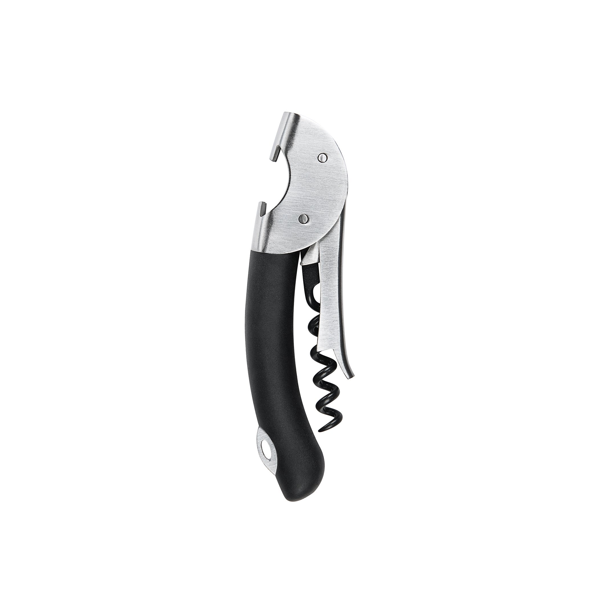 OXO Steel double lever corkscrew demonstrates bottle opening with smooth leverage for long corks