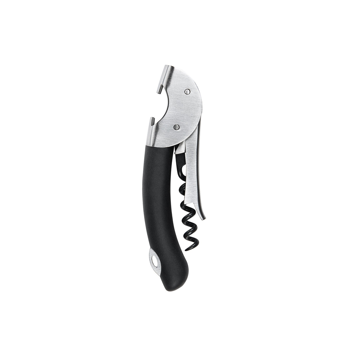 OXO Steel double lever corkscrew demonstrates bottle opening with smooth leverage for long corks
