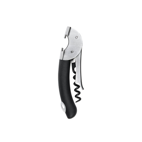 OXO Steel double lever corkscrew demonstrates bottle opening with smooth leverage for long corks
