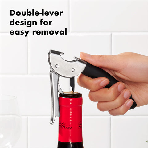 OXO Steel waiter's corkscrew shows foil cutter in action for quick prep