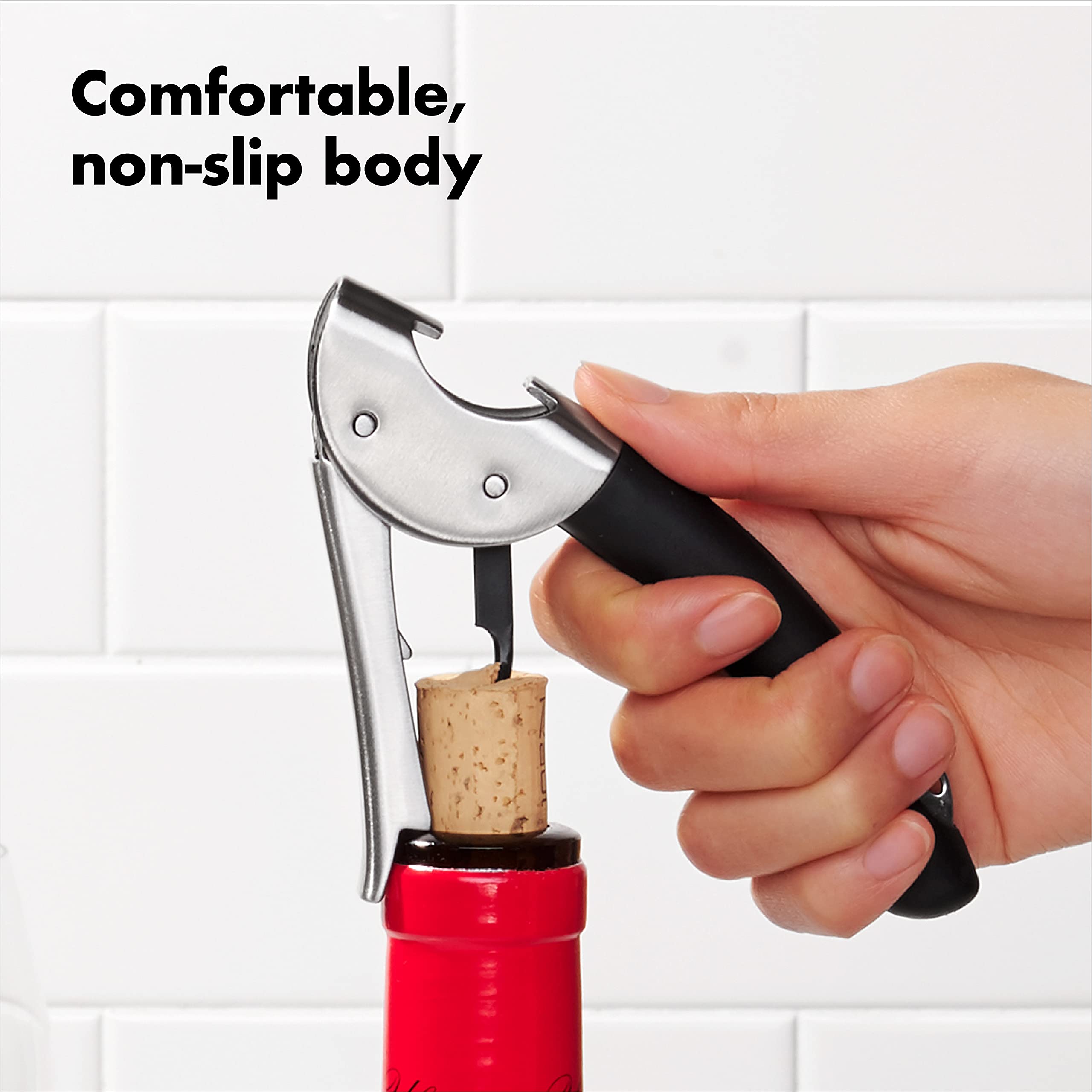 OXO Steel portable corkscrew fits picnic kits for travel convenience