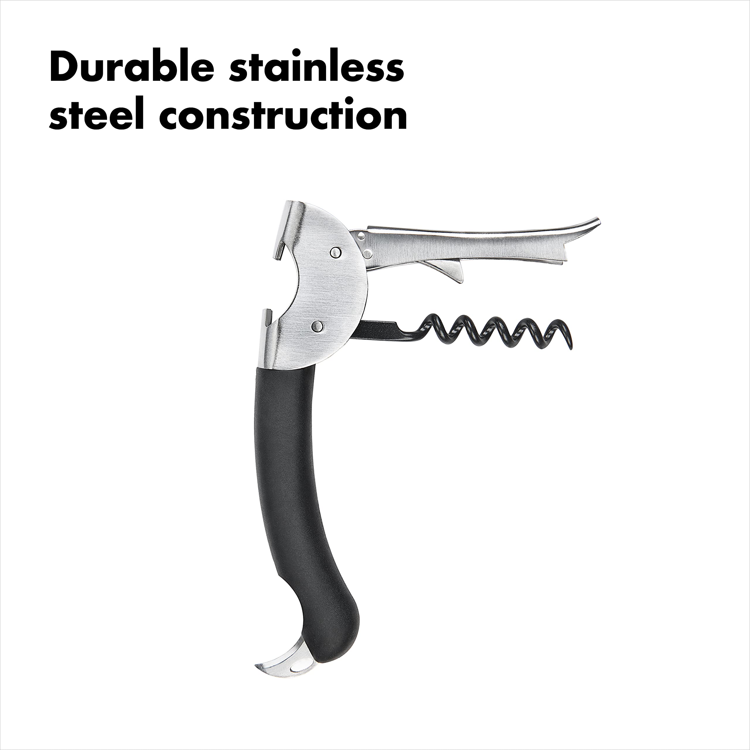 OXO Steel double lever features soft non-slip grips for comfortable use