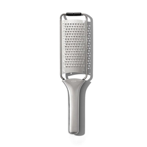 OXO Steel Grater showing sharp teeth for quick, even cheese grating.