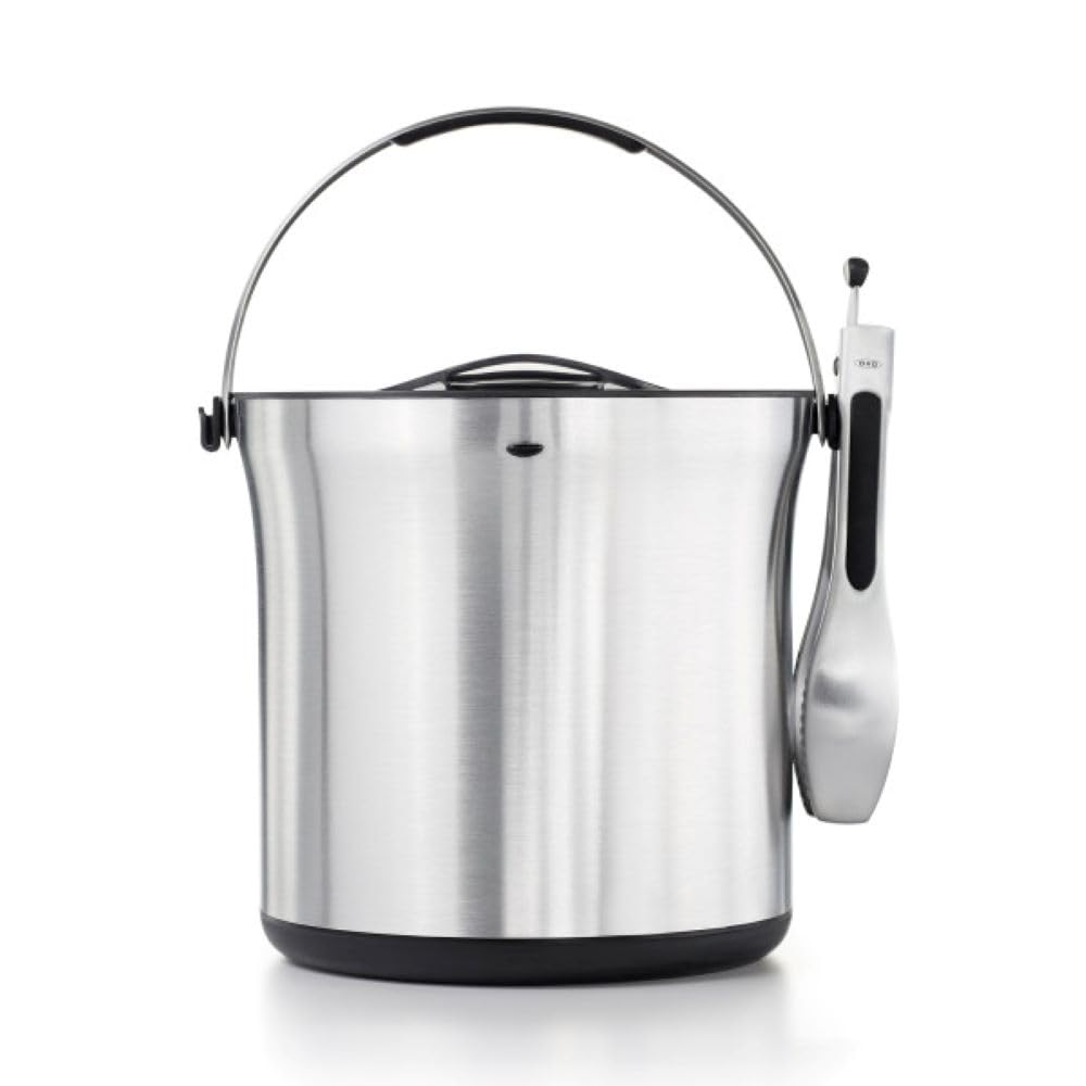 OXO SteeL ice bucket with double-wall insulation keeps ice cold and condensation-free.