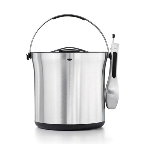 OXO SteeL ice bucket with double-wall insulation keeps ice cold and condensation-free.