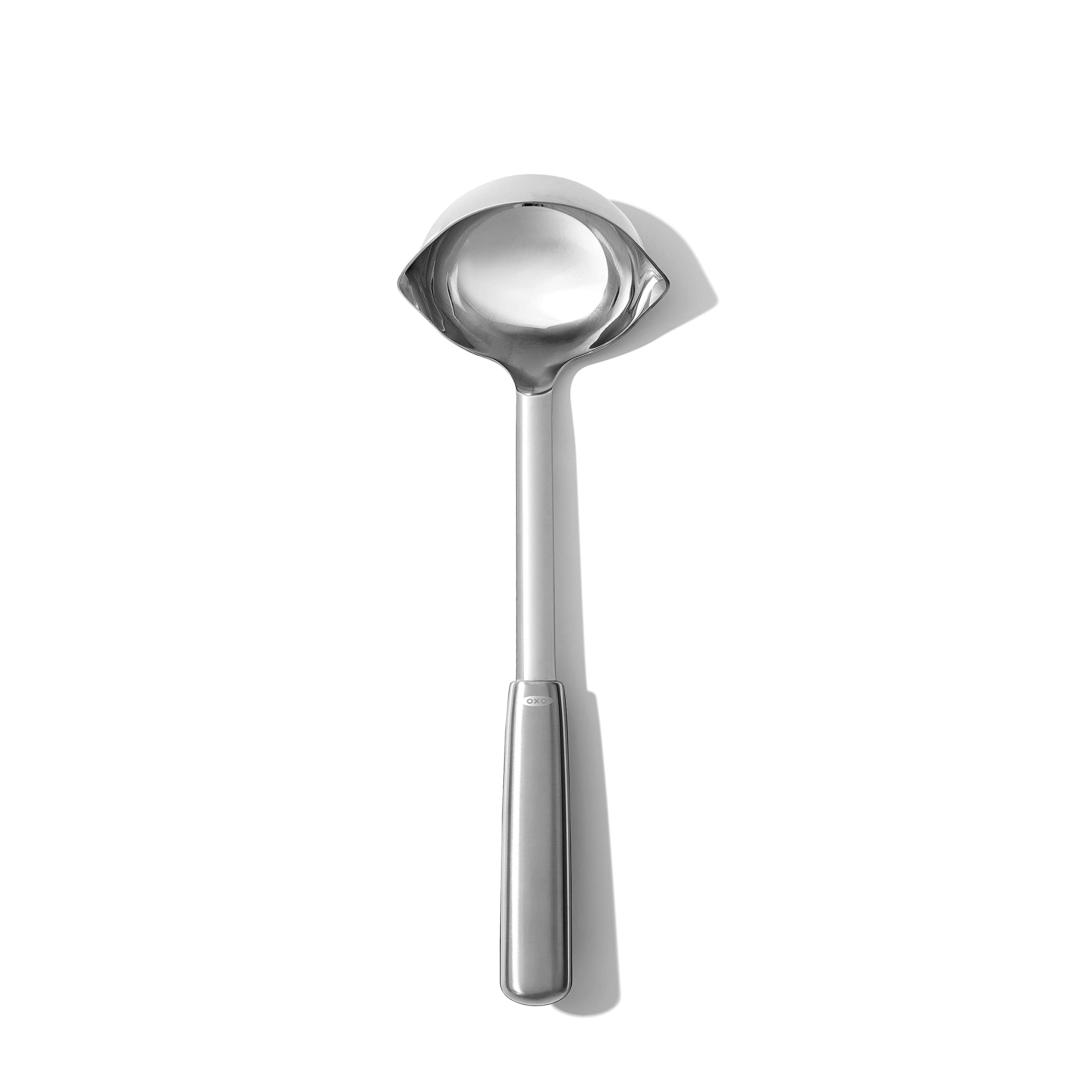 OXO Steel Ladle angled head for precise scooping of soups and sauces.