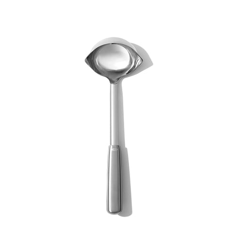 OXO Steel Ladle angled head for precise scooping of soups and sauces.