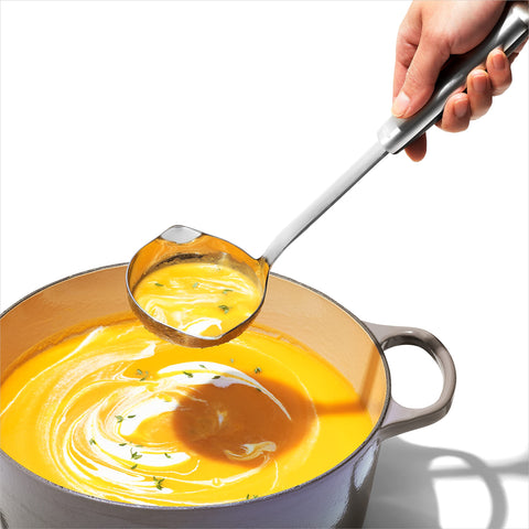 OXO Steel Ladle stainless steel handle offers comfortable, non-slip grip during table service.