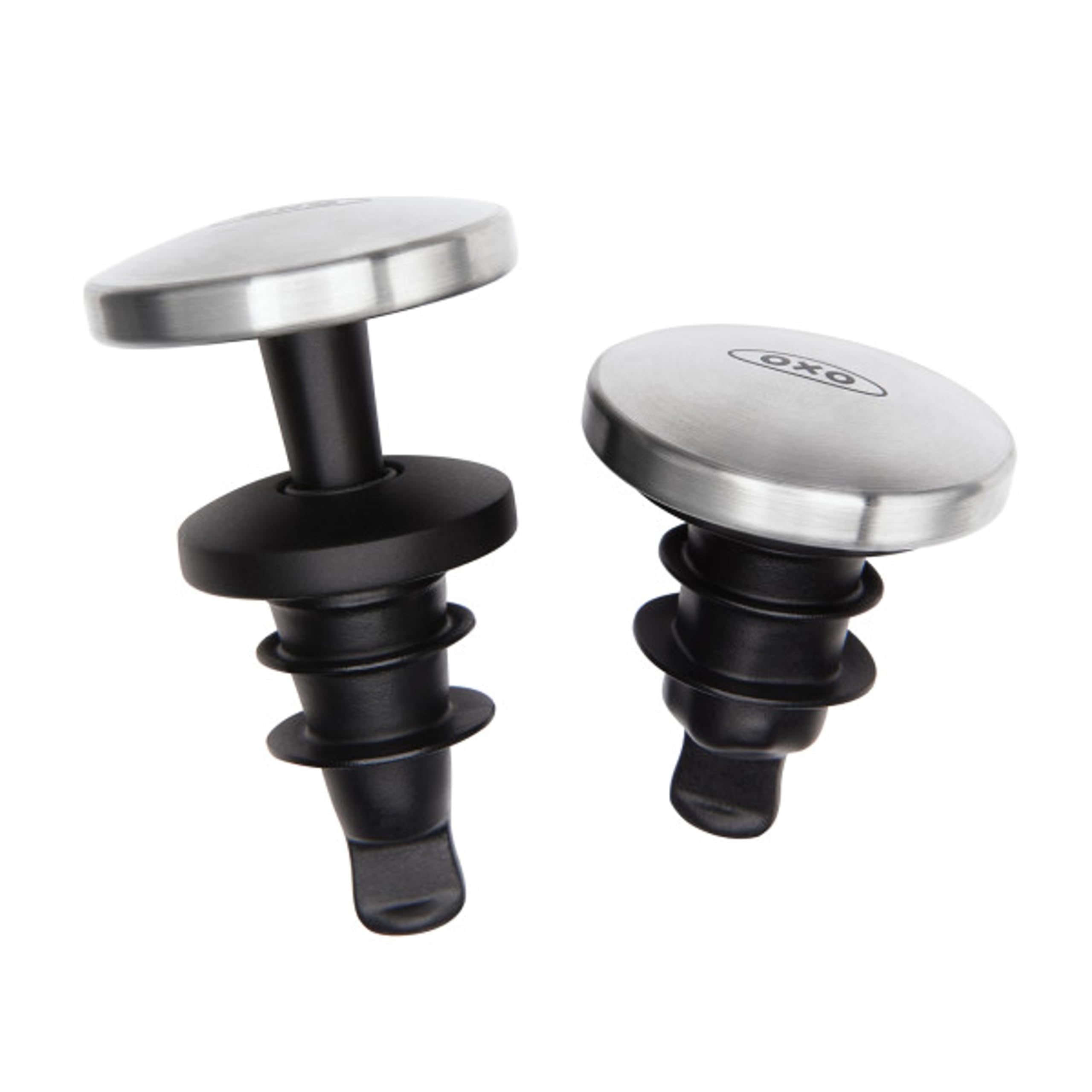 OXO SteeL two-pack wine stopper with sleek stainless steel accent.