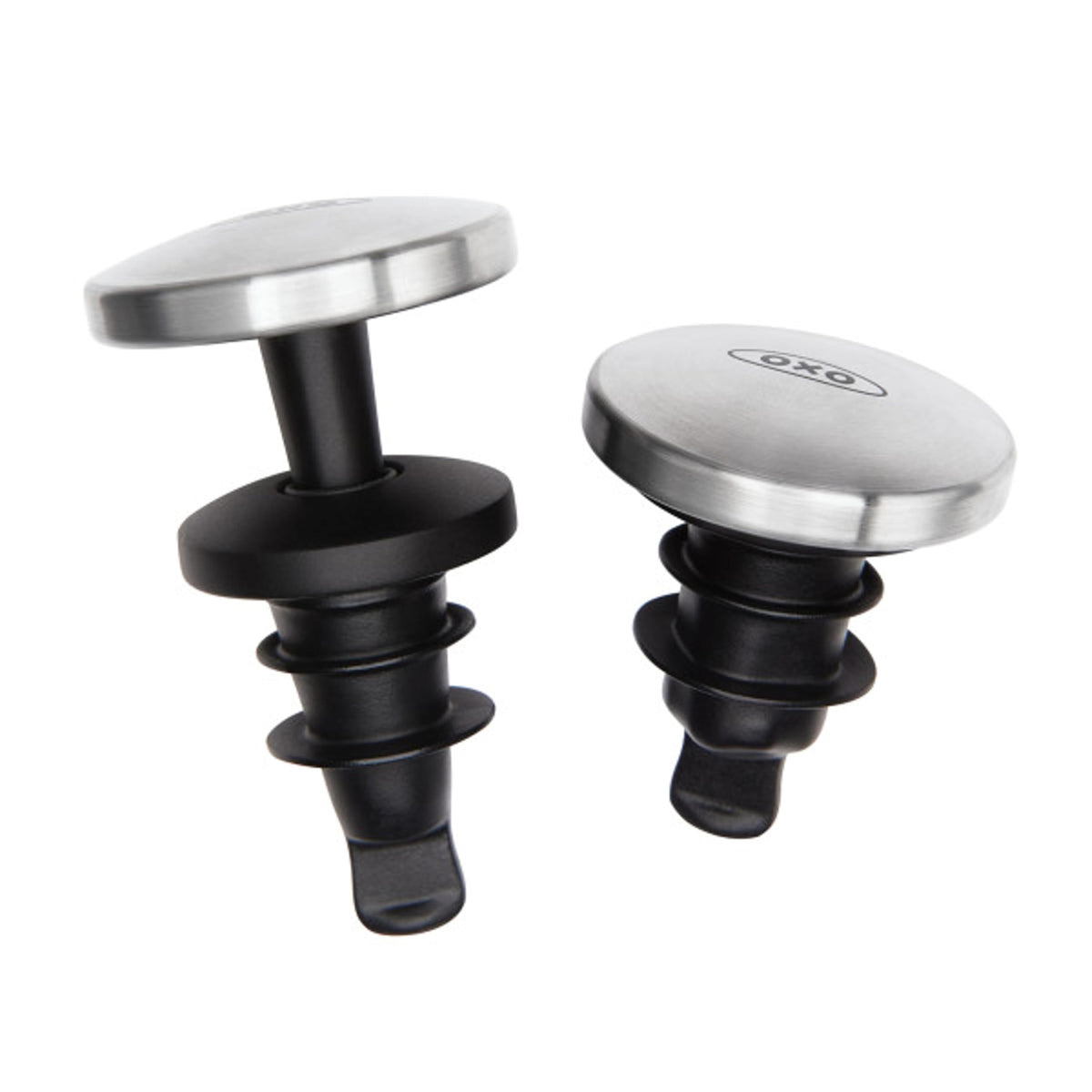 OXO SteeL two-pack wine stopper with sleek stainless steel accent.