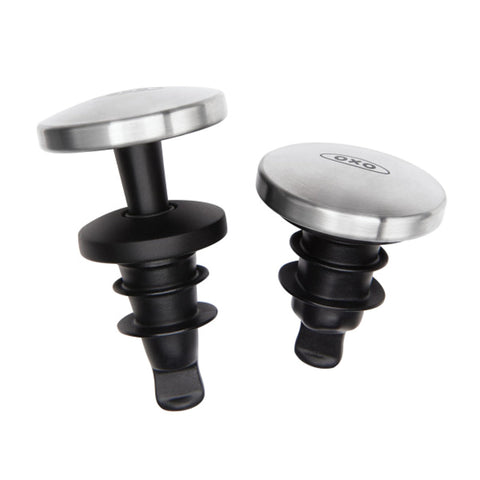 OXO SteeL two-pack wine stopper with sleek stainless steel accent.