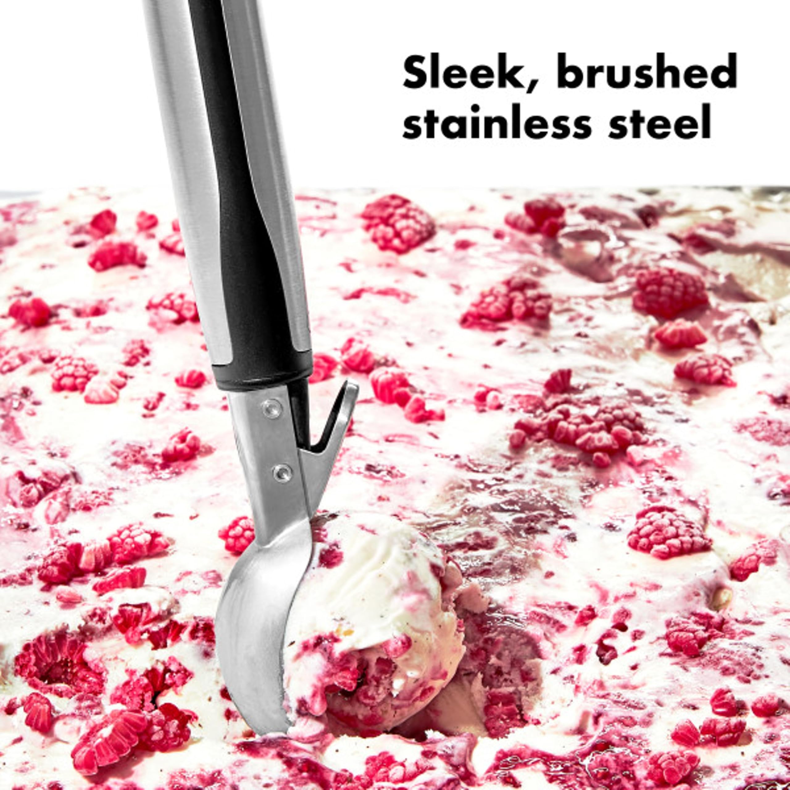 OXO dishwasher-safe steel lever scoop for quick cleaning
