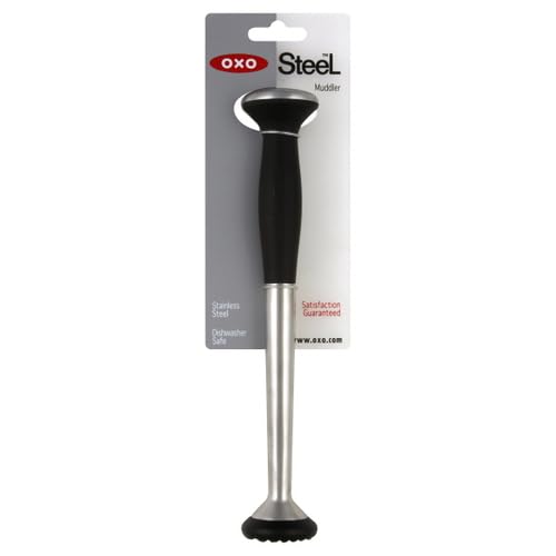 OXO SteeL Muddler soft grip provides comfortable muddling for citrus and herbs.