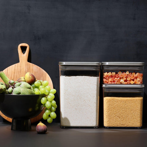 OXO Steel POP airtight seal preserves dry foods for pantry freshness.