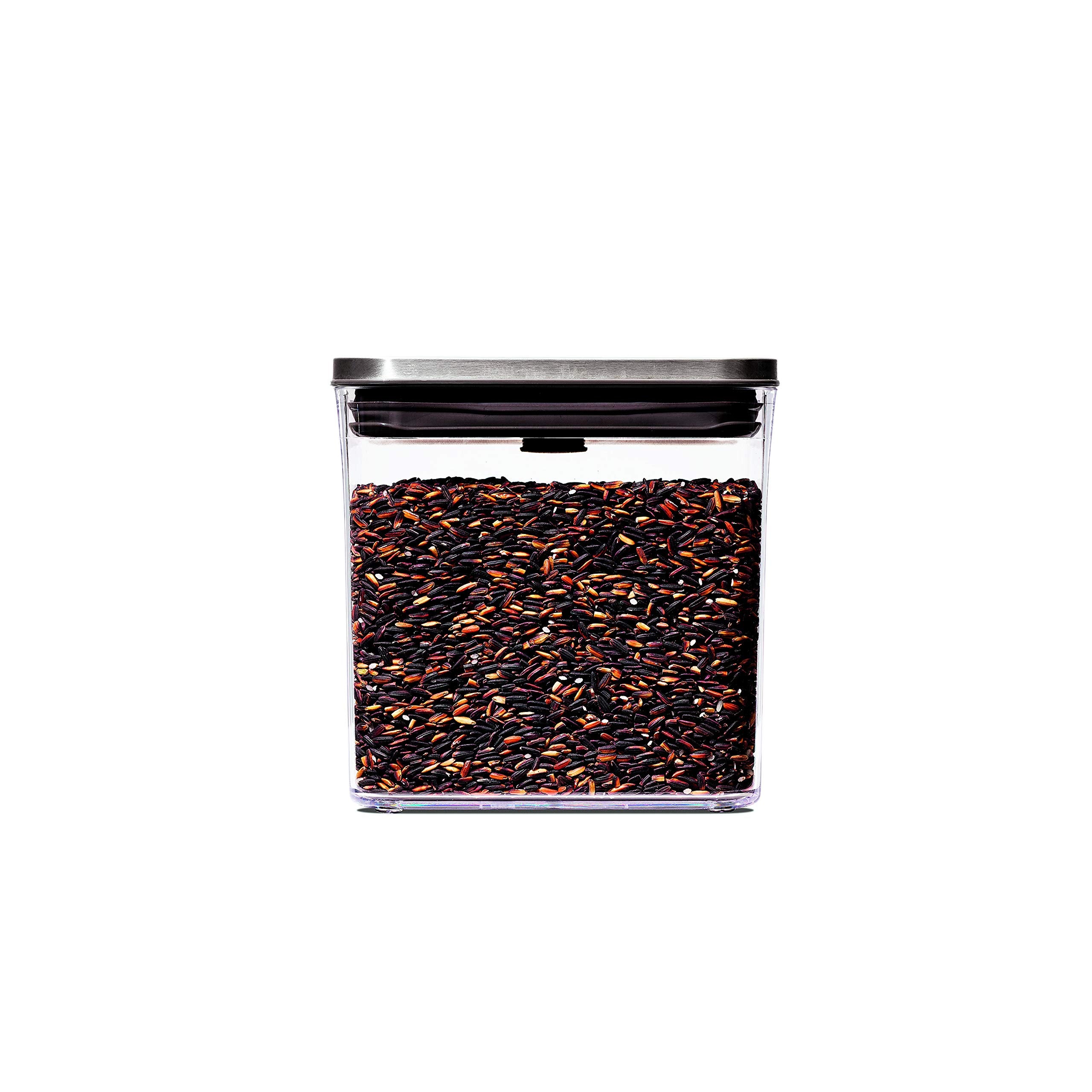 OXO Steel POP 1.7 qt brown-sugar container maintains moisture with airtight seal.